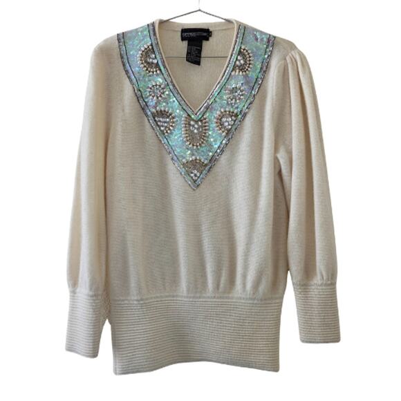 Spree International Vintage Embellished Wool Angora Sweater Beaded Cream Women M - Picture 1 of 12
